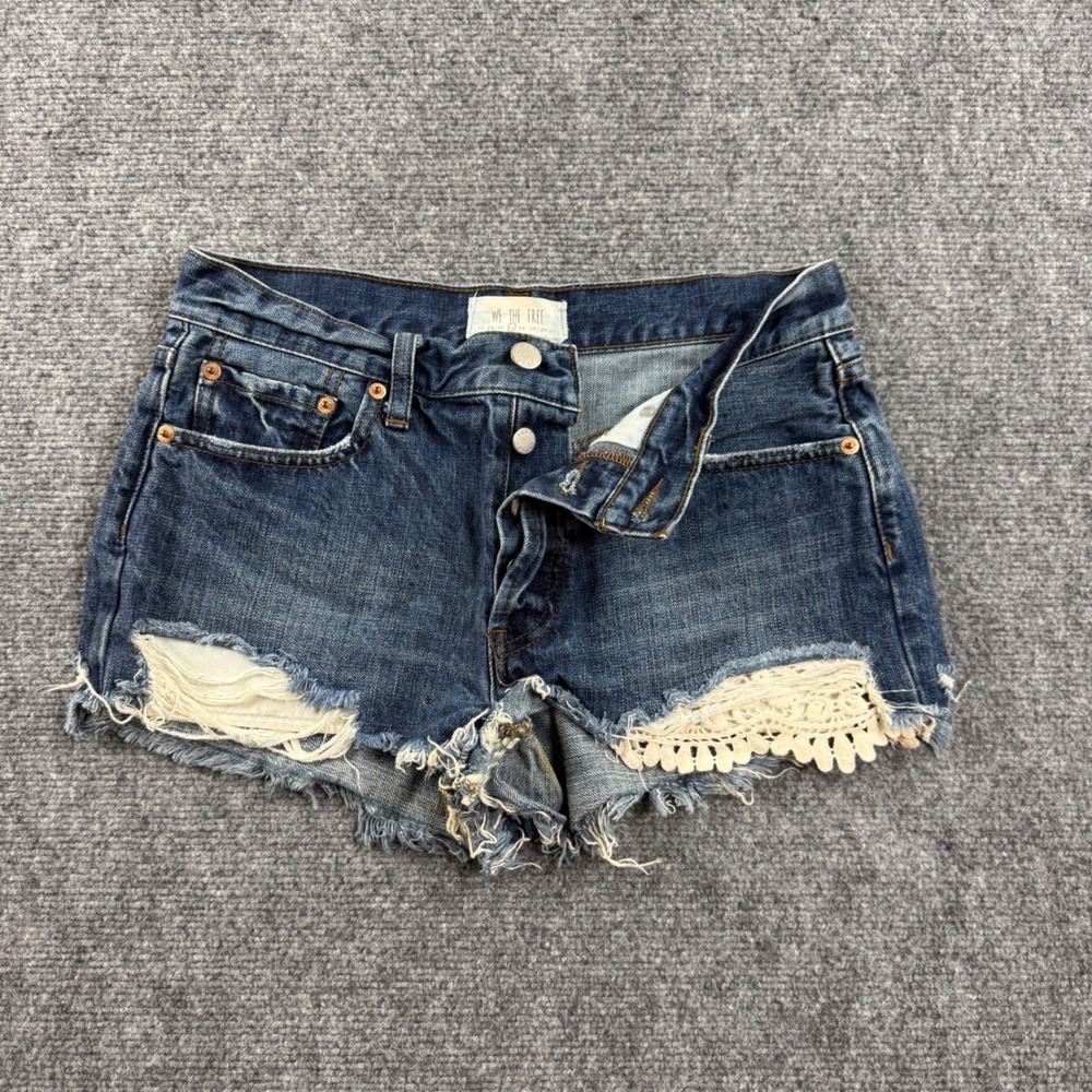 We The Free Denim Shorts 27 Blue Distressed Crochet Trim Women